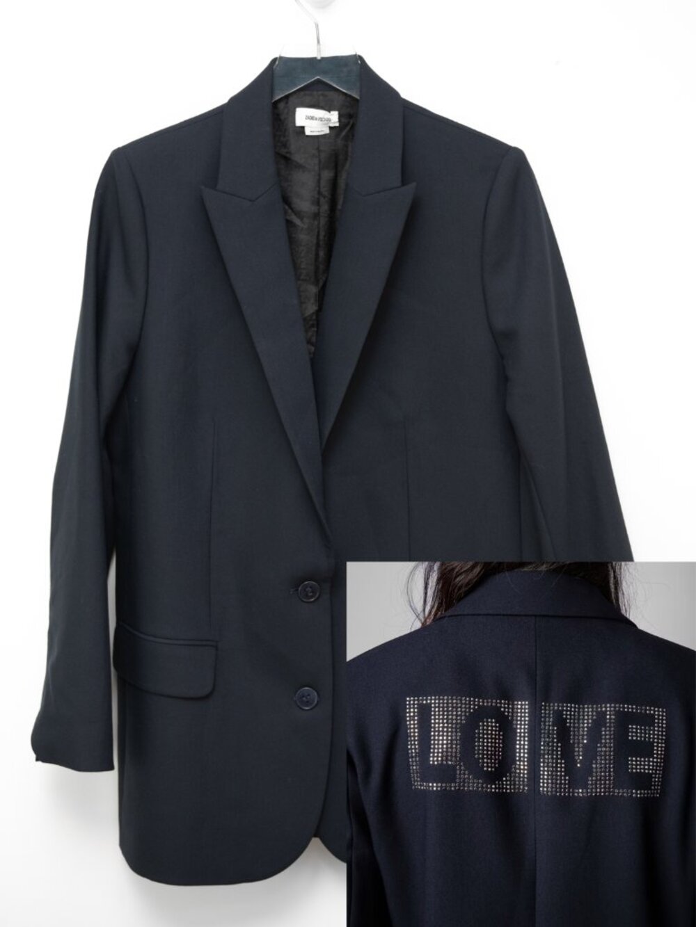 Zadig & Voltaire Viva Strass Blazer Love Rhinestone Applique Now Navy Blue Sz 42